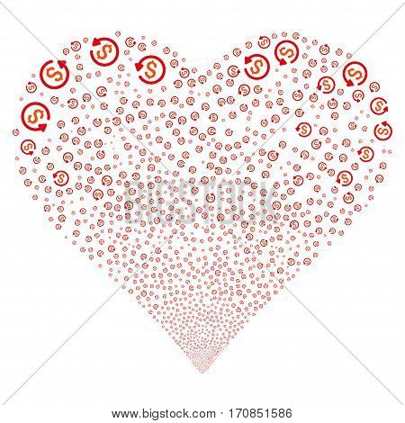 Refund fireworks with heart shape. Vector illustration style is flat intensive red and orange iconic symbols on a white background. Object heart combined from scattered design elements.