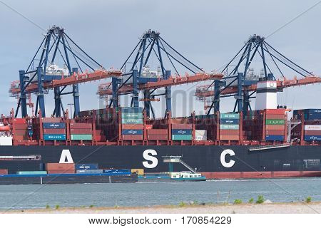 ROTTERDAM NETHERLANDS - MAY 14 2016: UASC Container ship being unloaded in the rotterdam port. United Arab Shipping Company owns and operates a fleet of 52 ships
