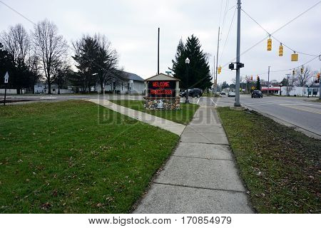 MANCELONA, MICHIGAN / UNITED STATES - NOVEMBER 27, 2016: An electric sign along US Highway 131 welcomes travelers and visitors to Mancelona.