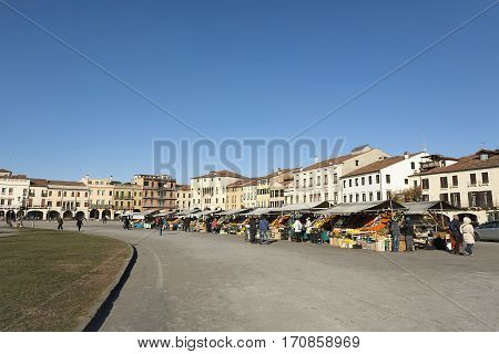 Italy, Padua - January. 2017 Fruit market in the center of the city, an island in the shape of an ellipse, big square