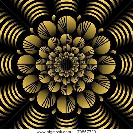 Abstract yellow vector flower patterns in fractal style on black background high contrasting decorative tile with 3d effect vector EPS10