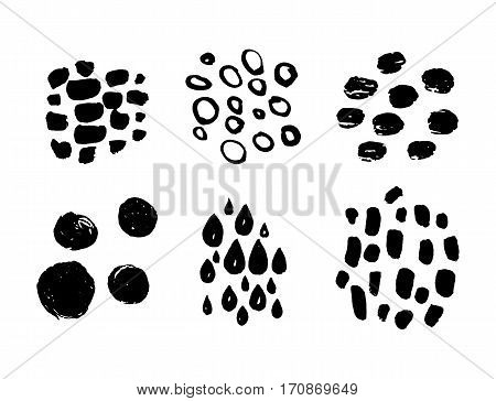 Set of hand drawn design elements. Vector collection of black ink textures and brush strokes. Collection for your design, circles, strokes, drop, rings. Freehand drawing.