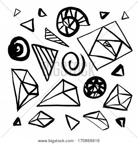 Set of hand drawn geometric design elements. Freehand drawing. Vector collection for your design, triangles, crystals, stones, fractals, spiral.