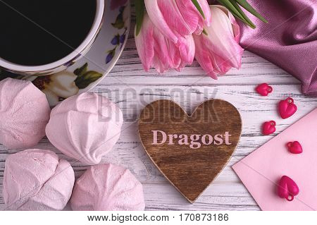 Valentine's Day Elegant Still Life With Tulip Flowers Cup Of Coffe Marshmallows Zephyr Red Heart Sha