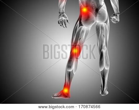 Conceptual 3D illustration of human man anatomy lower body or health design, joint or articular pain, ache or injury on gray gradient background