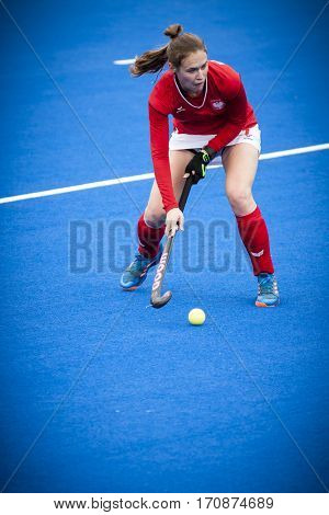 VALENCIA, SPAIN - FEBRUARY 11: Malgorzata Sztybrych during Hockey World League Round 2 semifinal match between Ukraine and Poland at Betero Stadium on February 11, 2017 in Valencia, Spain