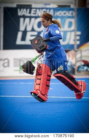 VALENCIA, SPAIN - FEBRUARY 11: Melanie Garcia during Hockey World League Round 2 semifinal match between Spain and Scotland at Betero Stadium on February 11, 2017 in Valencia, Spain