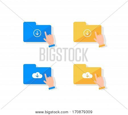 Cloud storage icon set. Hand pressing on folder icon to download files flat design illustration.