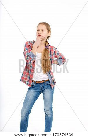 young cheerful anxious teenage girl on white background