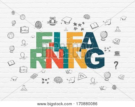 Learning concept: Painted multicolor text E-learning on White Brick wall background with  Hand Drawn Education Icons