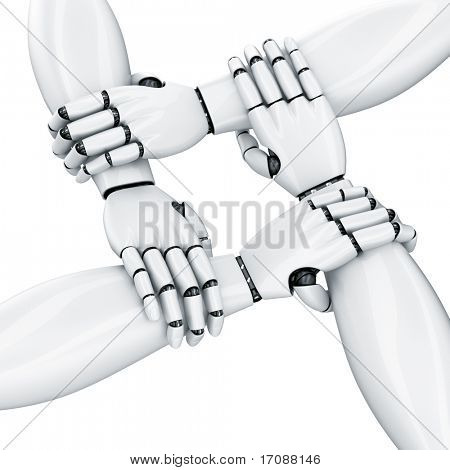rendering 3D di 4 mani di robot tenendosi