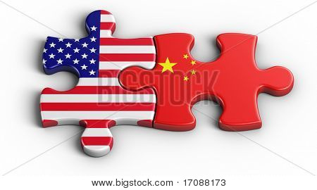3D-gengivelse af en amerikansk puslespil brik og en Chinesse