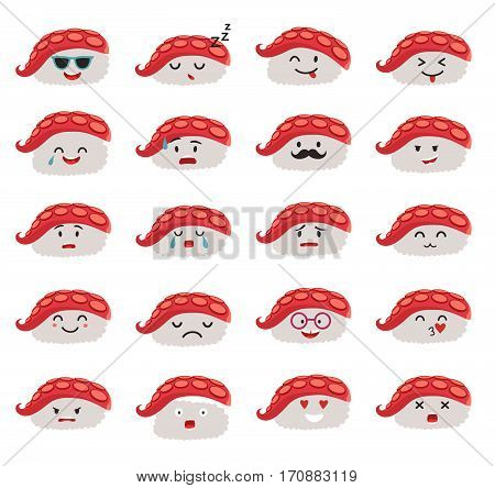 Sashimi emoji vector set. Emoji sushi with faces icons. Sushi roll funny stickers. Food cartoon style. Vector illustration isolated on white background