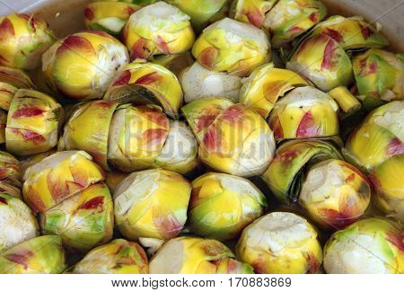 Clean Bottoms Of Artichokes Prepared By The Cook In The Water