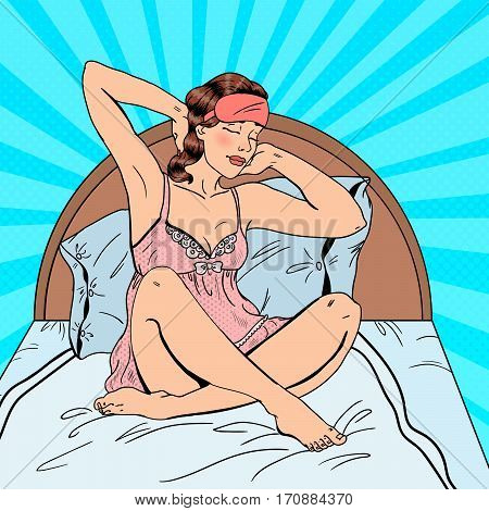 Pop Art Beautiful Woman Stratching Up after Wake Up in Bed. Vector illustration