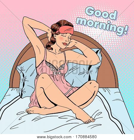 Pop Art Beautiful Woman Stratching Up after Wake Up in Bed. Vector illustration