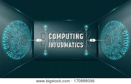 Two abstract circles with binary code and glass panel with the words compoting informatics