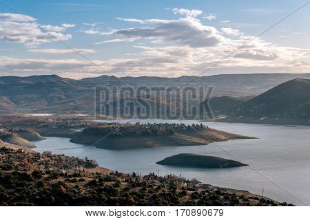 Tikves lake with the beautiful islands and blue sky