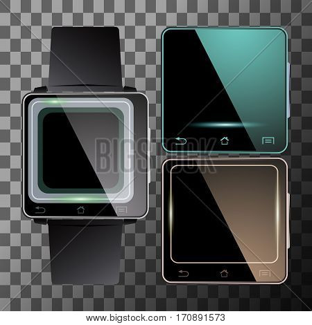 Set of smart watch with blank screen. Electronic digital watches. Vector illustration.