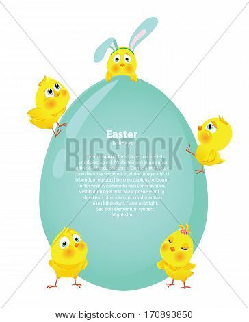 Easter egg shaped background with funny cute chickens Vector illustration Card or banner template Place for your text