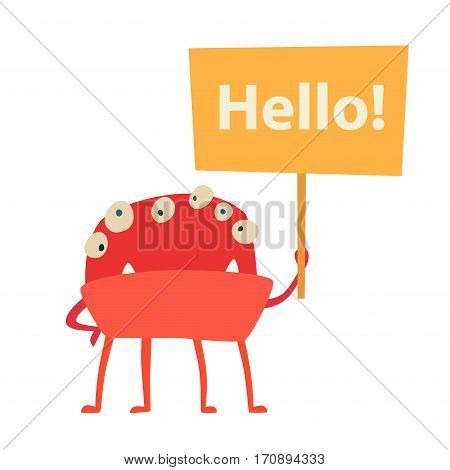 Monster vector. Kids cartoon toy colorful cute character. Vivid fabulous incredible creatures. Monsters with lot of eyes and hello sign. Happy cheerful creature cyclops. Isolated on white background