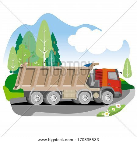 Drawing red tipper dump truck in summer background, vector illustration