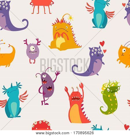 Monsters seamless pattern vector illustration. Doodle pattern with happy cheerful creature cyclops. Vivid fabulous incredible creatures. Monsters with lot of eyes and wings