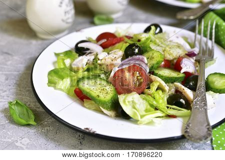 Vegetable Salad With Chicken And Black Olives On A White Plate.