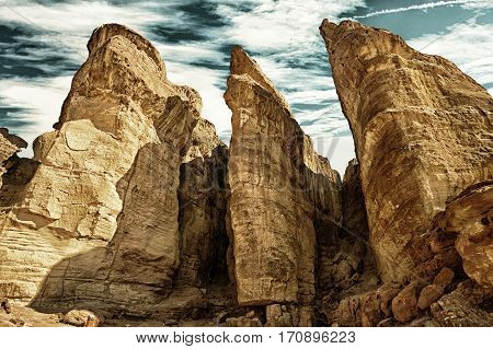 The Solomons Pillars geological and historical place in Timna Park near to Eilat Israel. (HDR image with black gold filter)