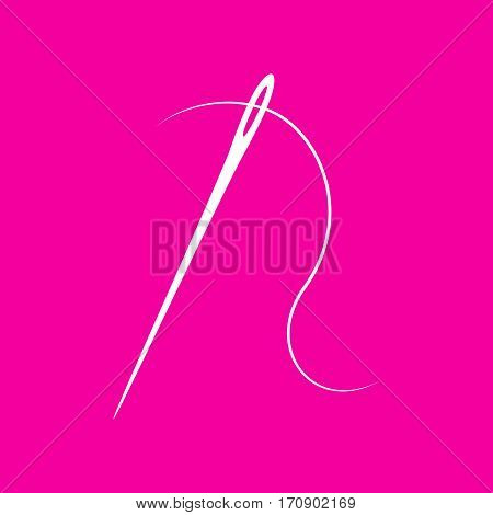 Needle with thread. Sewing needle, needle for sewing. White icon at magenta background.