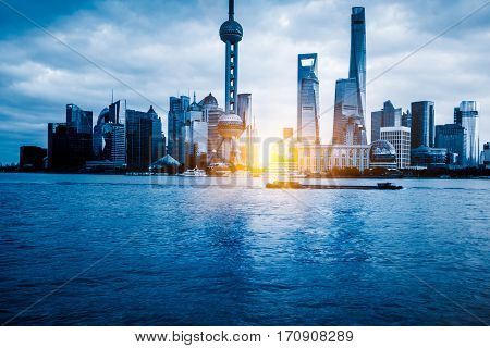 landmarks of Shanghai with Huangpu river in China.