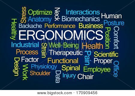 Ergonomics Word Cloud on Blue Background
