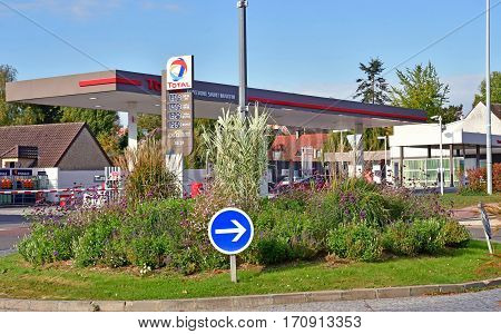 Verneuil sur Seine; France - october 16 2016 : roundabout and gas station in the city center