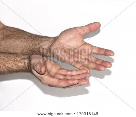 Man showing hands on a white background