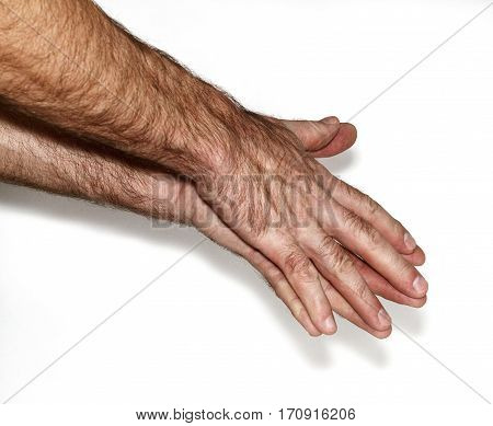 Male fist on a white background afternoonMan showing hands on a white background