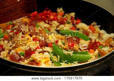 Cooking , Chinese Sausage Fried Rice With Mixed Vegetable.
