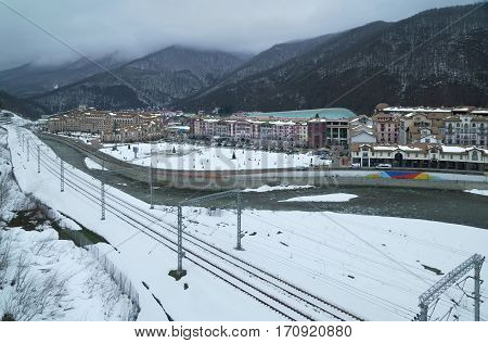 Sochi, Russia - January 24, 2017: Gorky Gorod - all-season resort town and gaming zone 540 meters above sea level in the village of Krasnaya Polyana