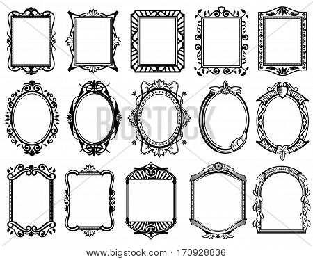 Vintage victorian, baroque, rococo frame for mirror, menu, card design vector collection. Blakc pattern frame, illustration set of frames for design
