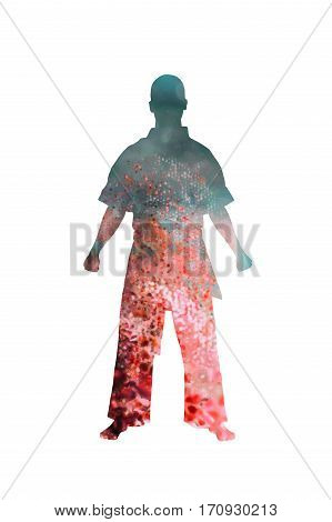 Warrior, fighter standing on white background, Double Exposure