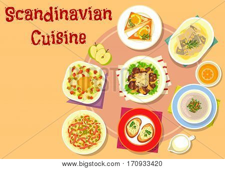 Scandinavian cuisine fish dishes icon with vegetable fish salad, shrimp toast, noodle meat salad with pickles, pike caviar on rye bread, liver with vegetables and fruit sauce, mushroom cream soup