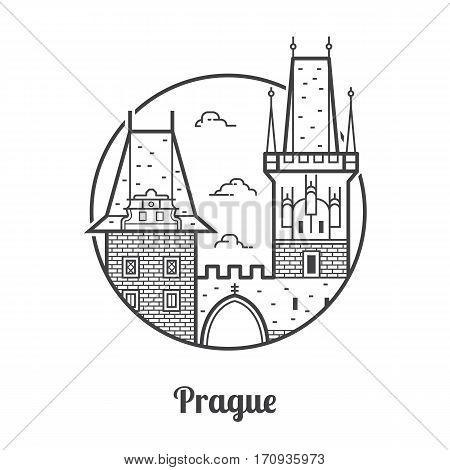 Travel Prague icon. Charles bridge towers on Vltava river is one of the famous architectural landmarks and attractions in Czech Republic capital. Thin line tourist destination icon in circle.