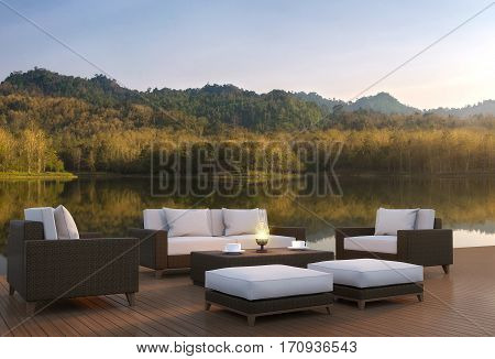 Outdoor living area and beautiful nature 3d rendering imageA place surrounded by nature There are wood floor and rattan furniture