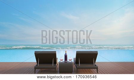 Pool terrace with sea view 3d rendering imageA place surrounded by the sea There are wood floor and rattan sunbed