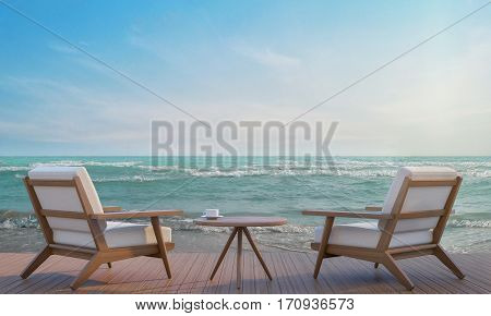 Sea side terrace and living area 3d rendering imageA place surrounded by the sea There are wood floor and furniture