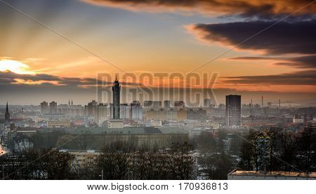 Czech republic city Ostrava in winter sunset