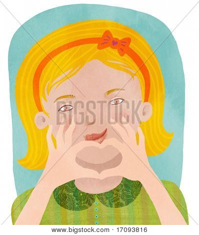 Roztomilé retro stylu holka dělat srdce s její ruce ilustrace