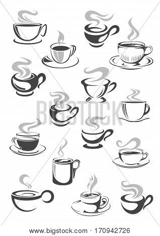 Coffee cup and tea mug icon set. Cup of hot beverage with espresso, cappuccino, mocha, chocolate or tea drinks with saucer and swirls of steam. Cafe or coffee shop menu, drink themes design