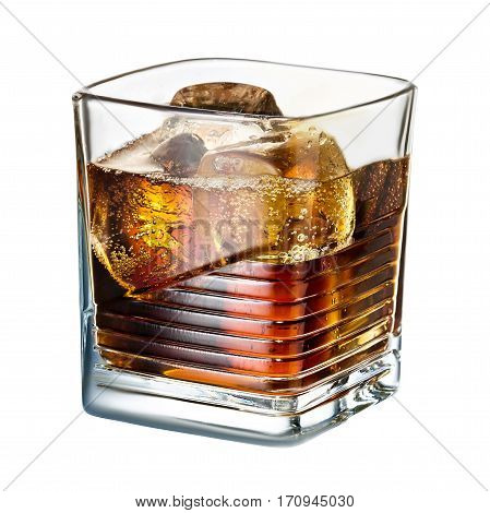 classic alcohol cocktail whiskey cola with ice isolated on white background
