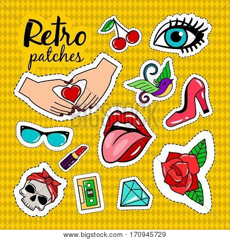 Retro style colorful stickers on yellow with rhombs background. Rose and skull and bird vector patches collection