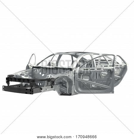 Carcass af a sedan car with opened doors on white background. 3D illustration
